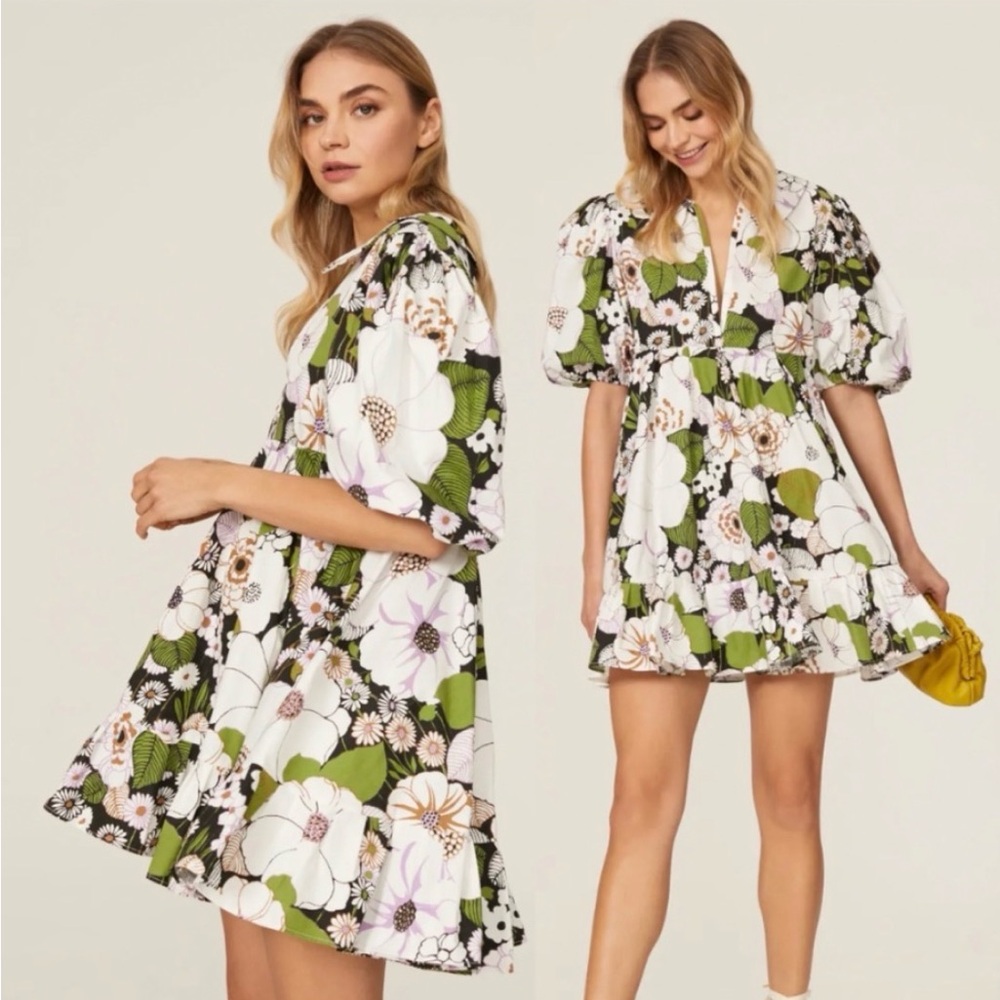 Floral Puff-Sleeve Mini Dress in Green and White
